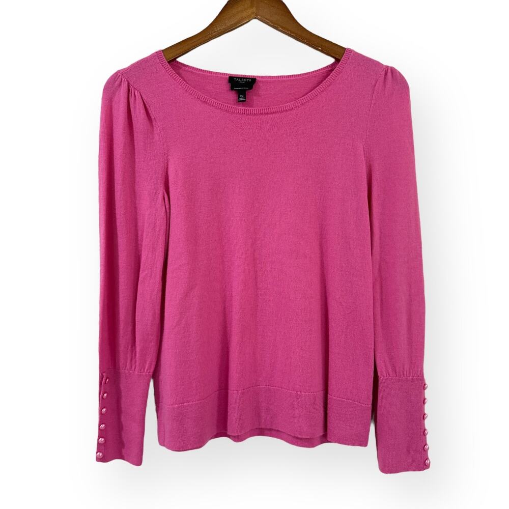 Talbots Pink Pure Merino Wool Sweater MP Puff Sleeve Pearl Cuff Feminine Preppy